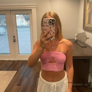 Pink Halter Neck Keyhole Top